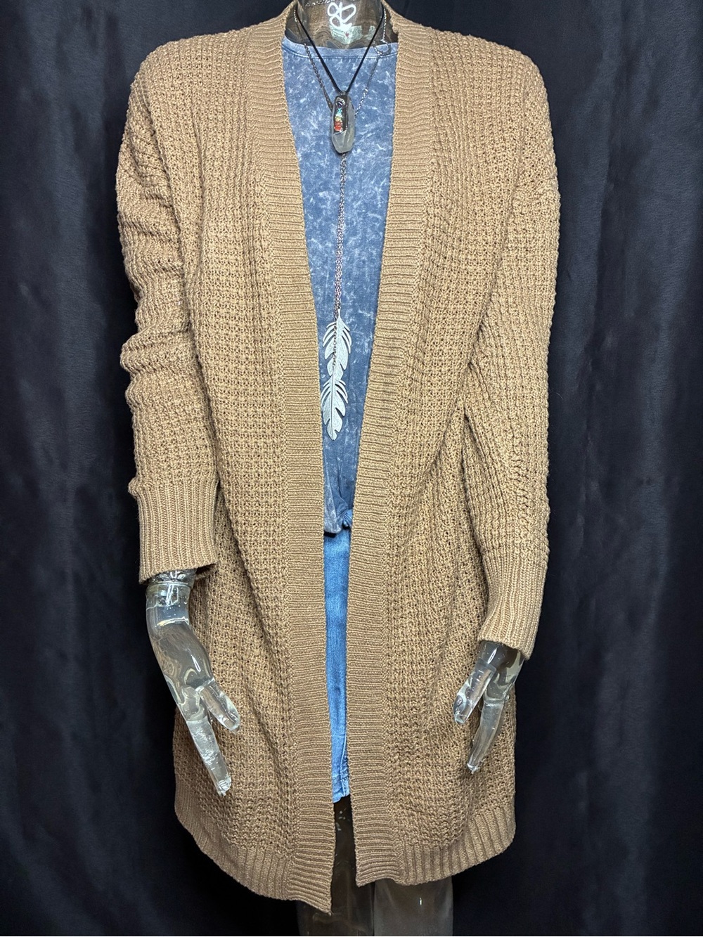 Chunky Knit Open-Front Sweater in Camel/Tan